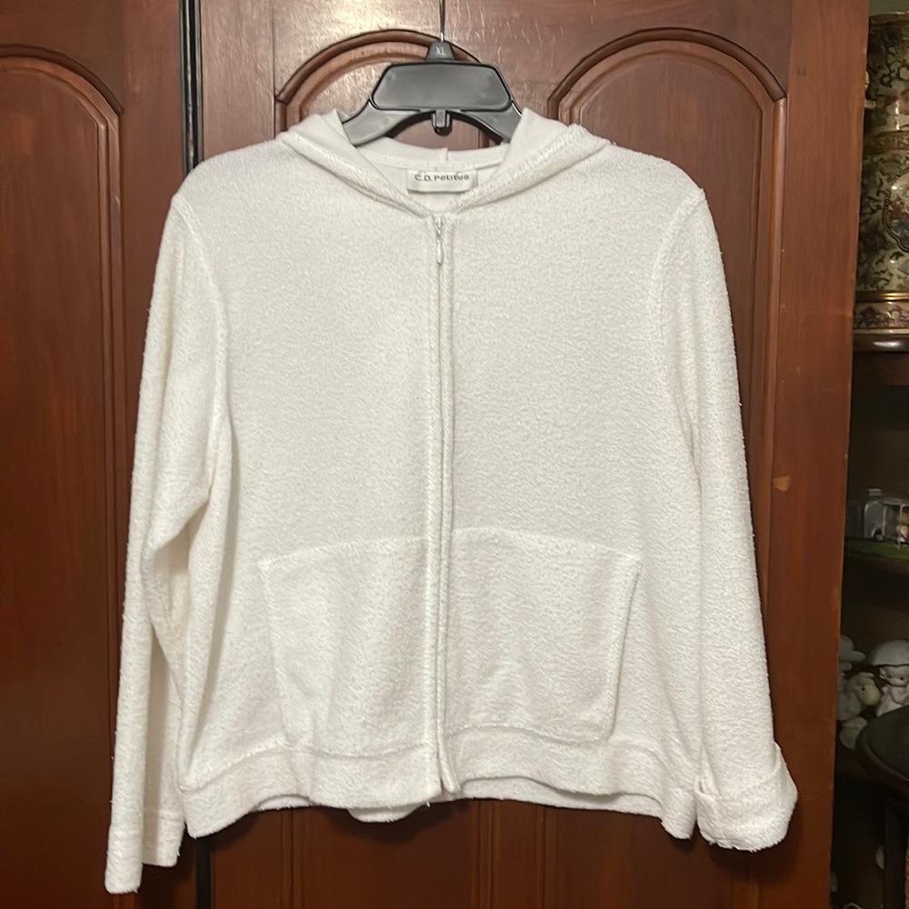 C.D. Petites White Terry Cloth Full Zipper Hoodie Size Large